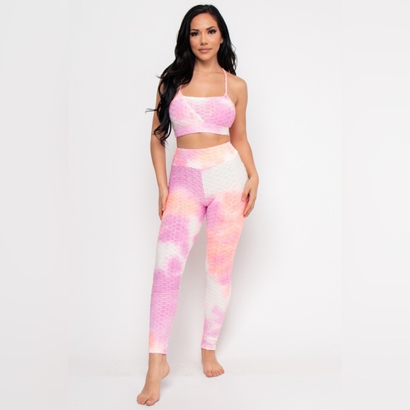 NWT PEACH TYE DIE FITNESS ACTIVE WEAR 2PCS SET SPAGHETTI STRAP SPORT BRA LEGGING - Picture 3 of 3